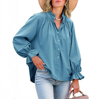Lantern-sleeve V-neck Ruffled Blouse Top