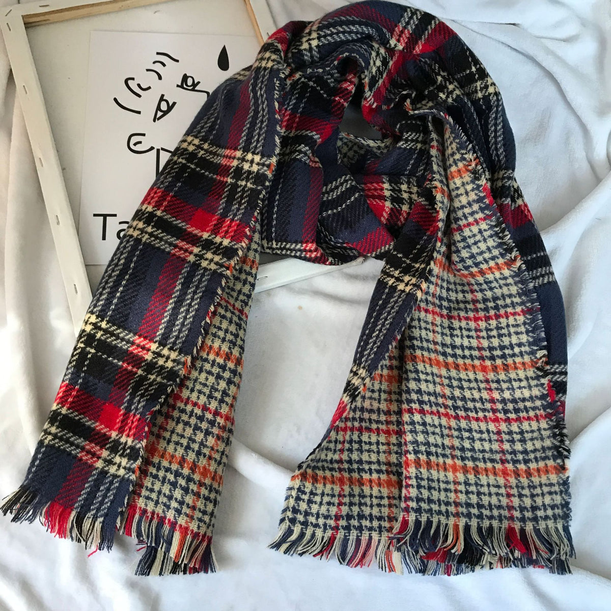 Retro Englon Plaid Tassel Scarf Women's Autumn And Winter Double-sided Cashmere Scarf