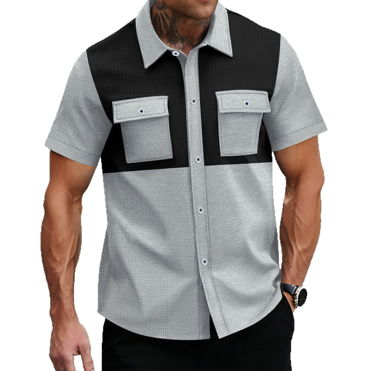 Waffle-Weave Lapel Casual Short-Sleeve