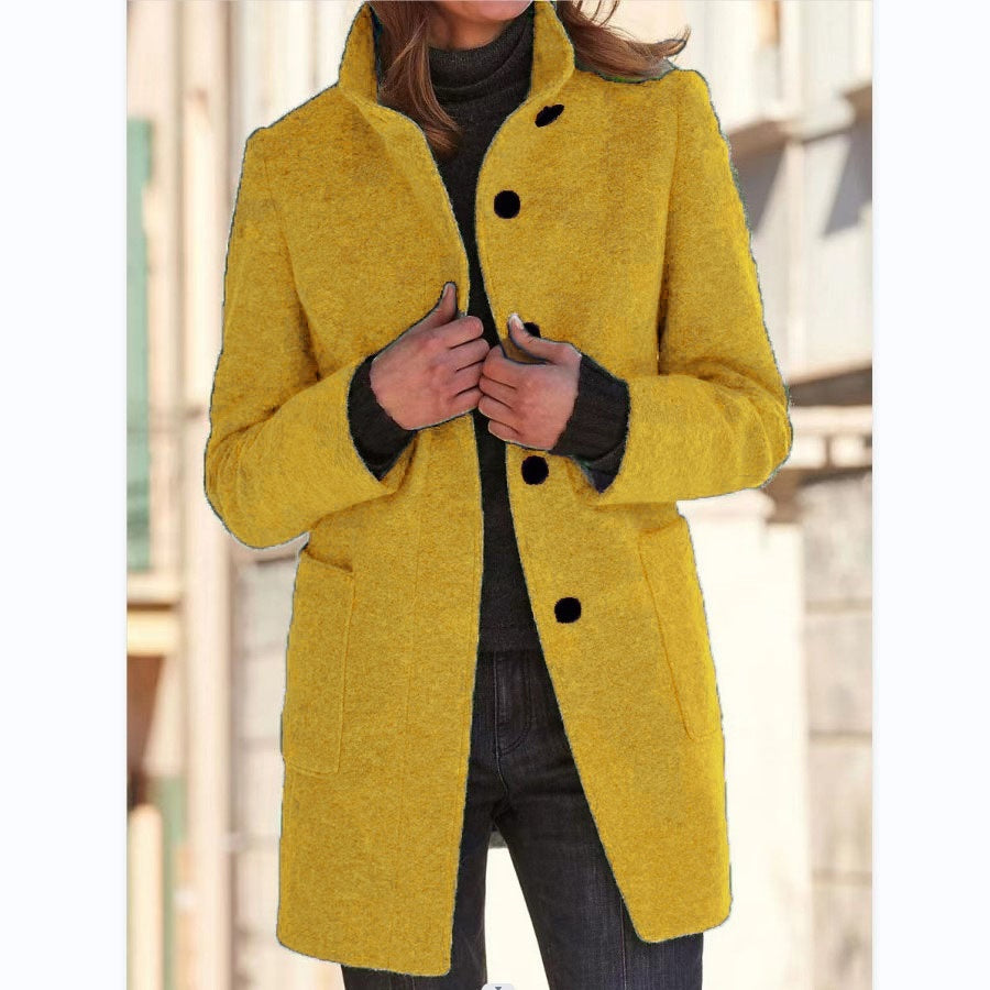 Stand Collar Woolen Coat - Casual Button Outwear
