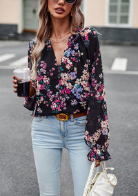 Floral Print V Neck Long Sleeve Shirts