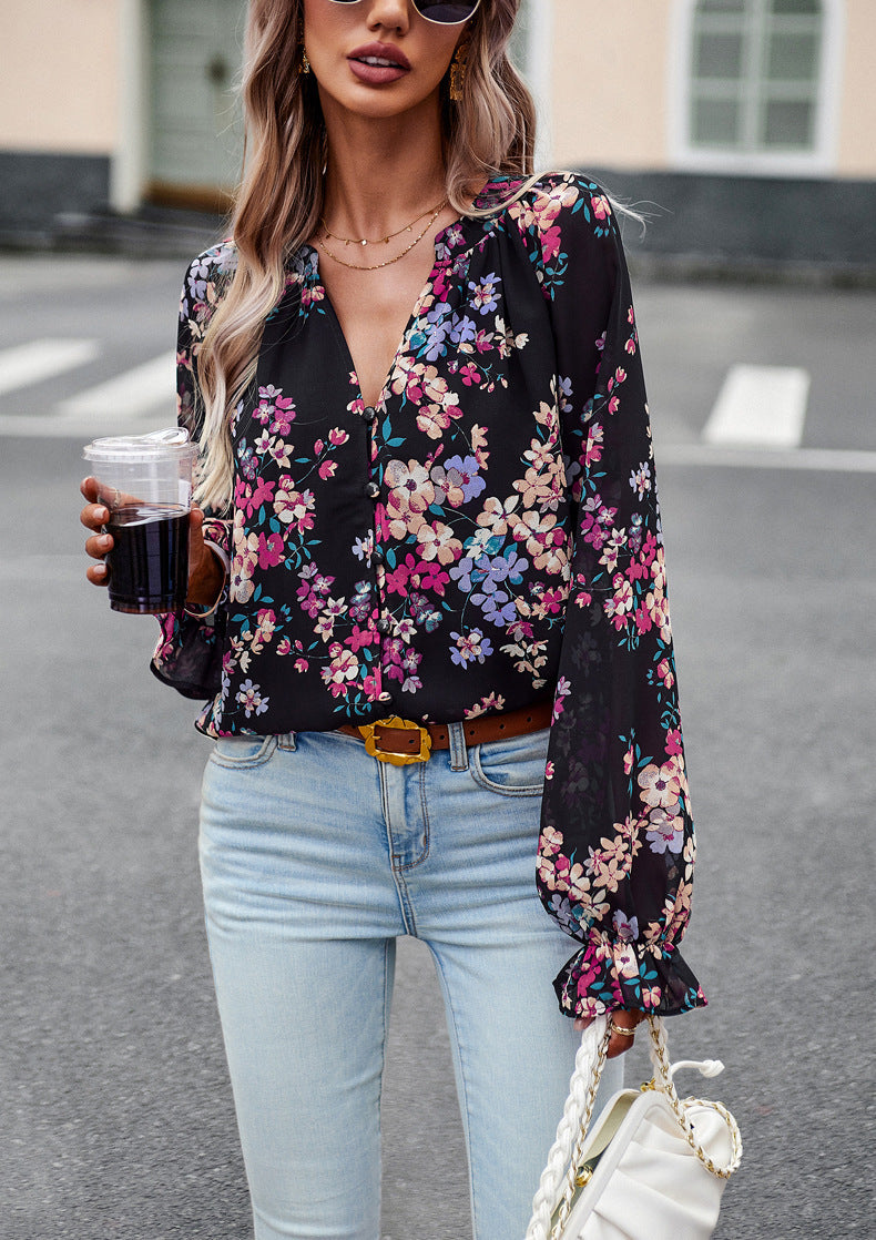 Floral Print V Neck Long Sleeve Shirts
