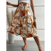 Floral Tiered Midi Skirt With Elastic Waist