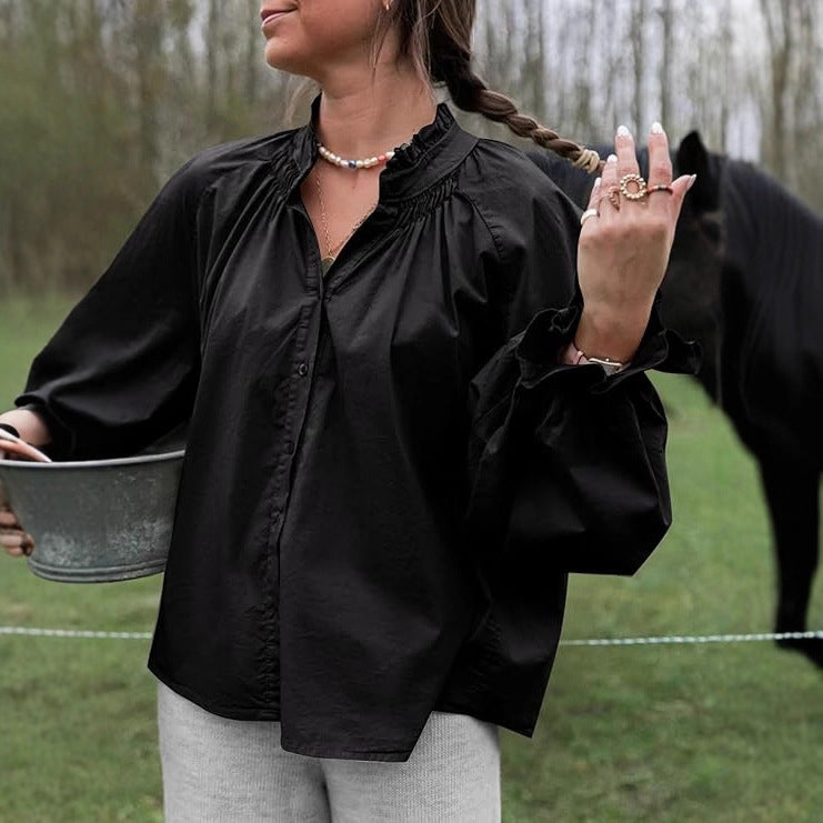 Lantern-sleeve V-neck Ruffled Blouse Top