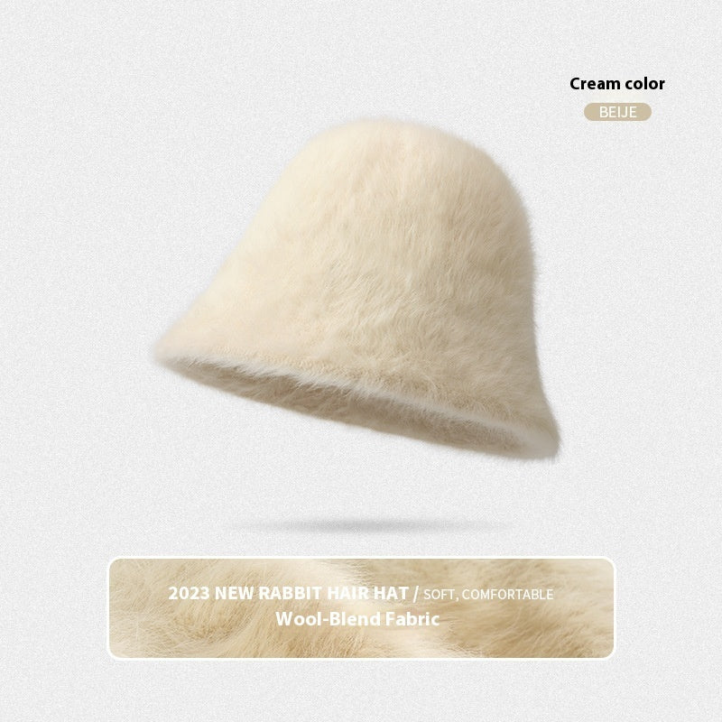 Rabbit Fur Bucket Hat Women's Fleece-lined Warm Bucket Hat