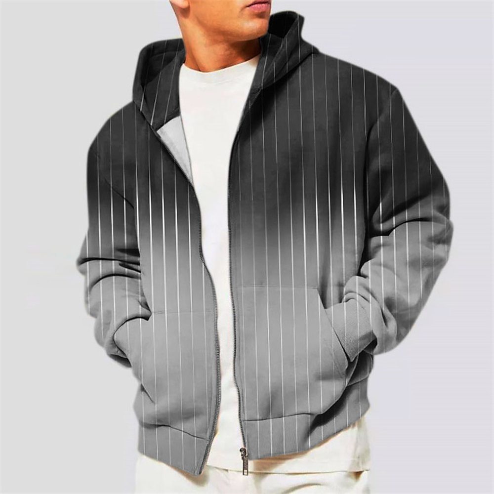 Zippered Hooded Sweatshirt with Striped & Gradient Print