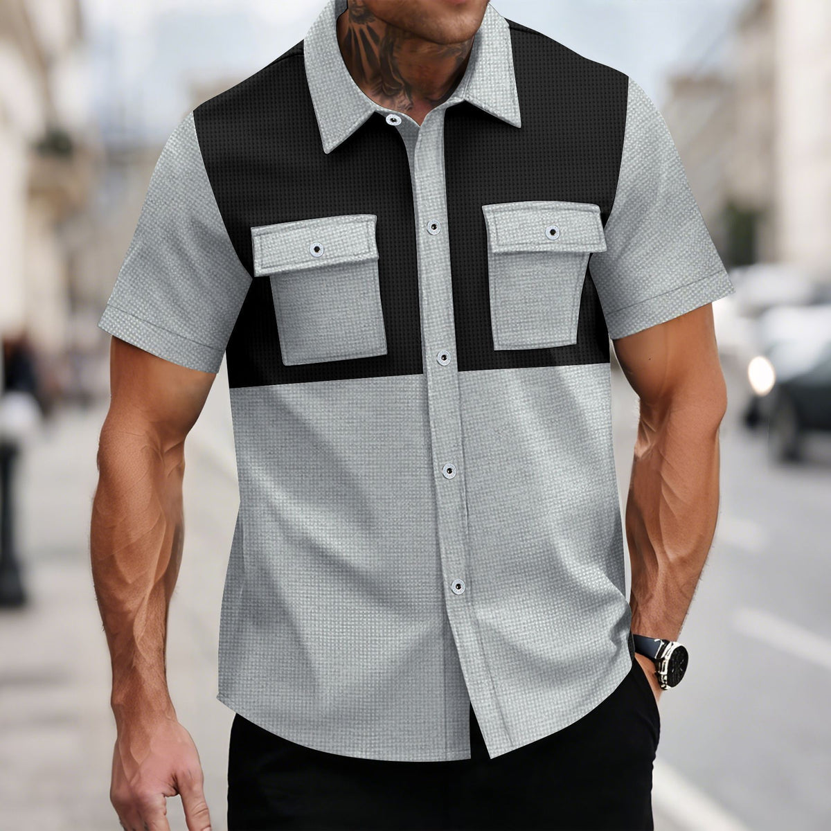 Waffle-Weave Lapel Casual Short-Sleeve