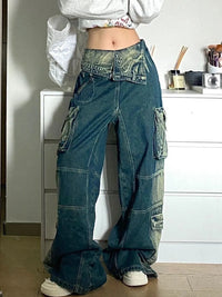 Plus Size Retro Washed Cargo denim