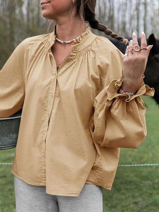 Lantern-sleeve V-neck Ruffled Blouse Top