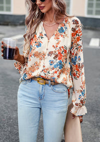 Floral Print V Neck Long Sleeve Shirts