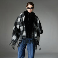 European And American Autumn And Winter New Fur Collar Black And White Plaid Tassel Shawl