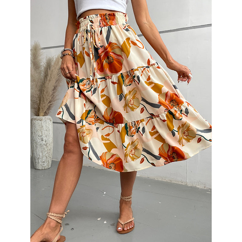 Floral Tiered Midi Skirt With Elastic Waist