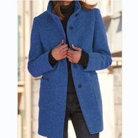 Stand Collar Woolen Coat - Casual Button Outwear