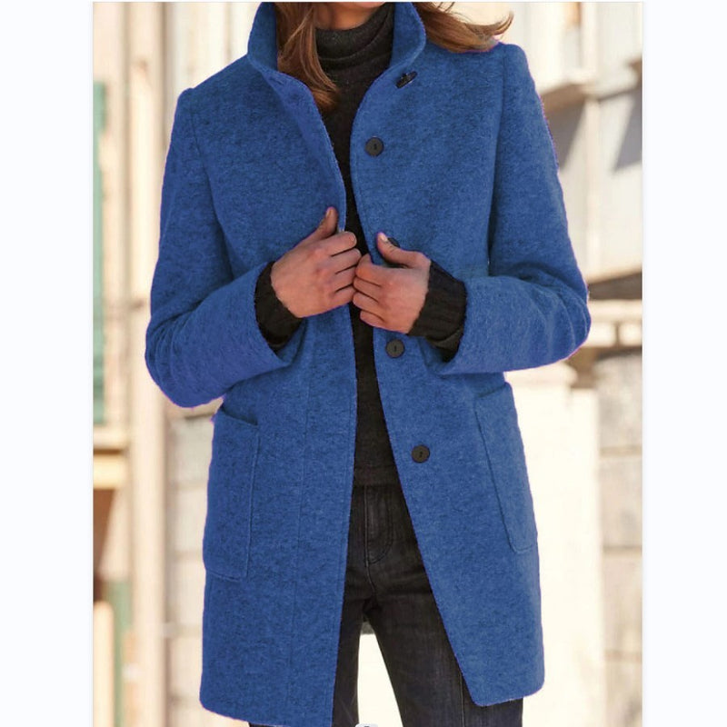 Stand Collar Woolen Coat - Casual Button Outwear