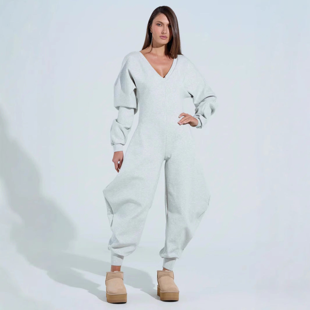 Slim-Fit V-Neck Long-Sleeve Jumpsuit