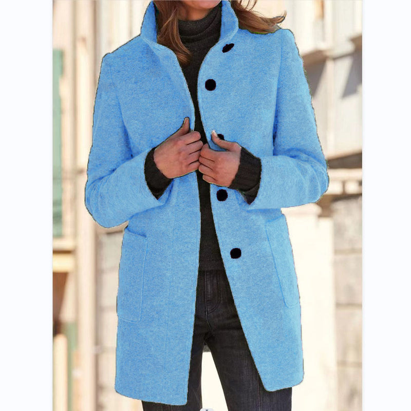 Stand Collar Woolen Coat - Casual Button Outwear