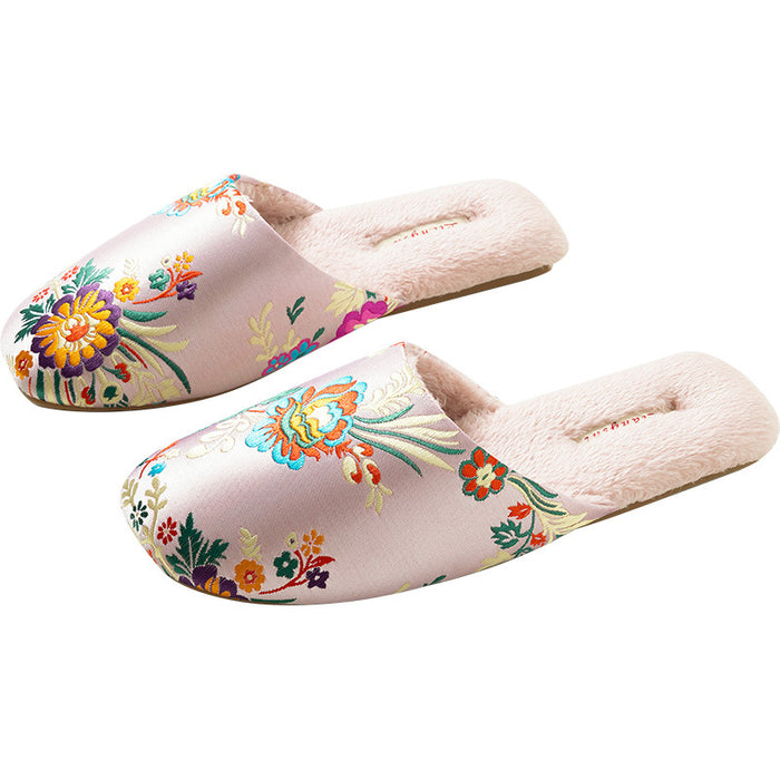 Embroidered Floral Ox-Tendon Sole Plush Slippers
