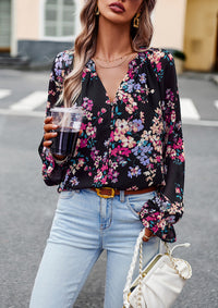 Floral Print V Neck Long Sleeve Shirts