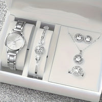 Small Silver Dial With Delicate Steel Strap, Five-piece Set For Women