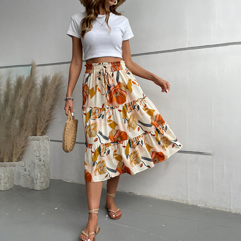 Floral Tiered Midi Skirt With Elastic Waist