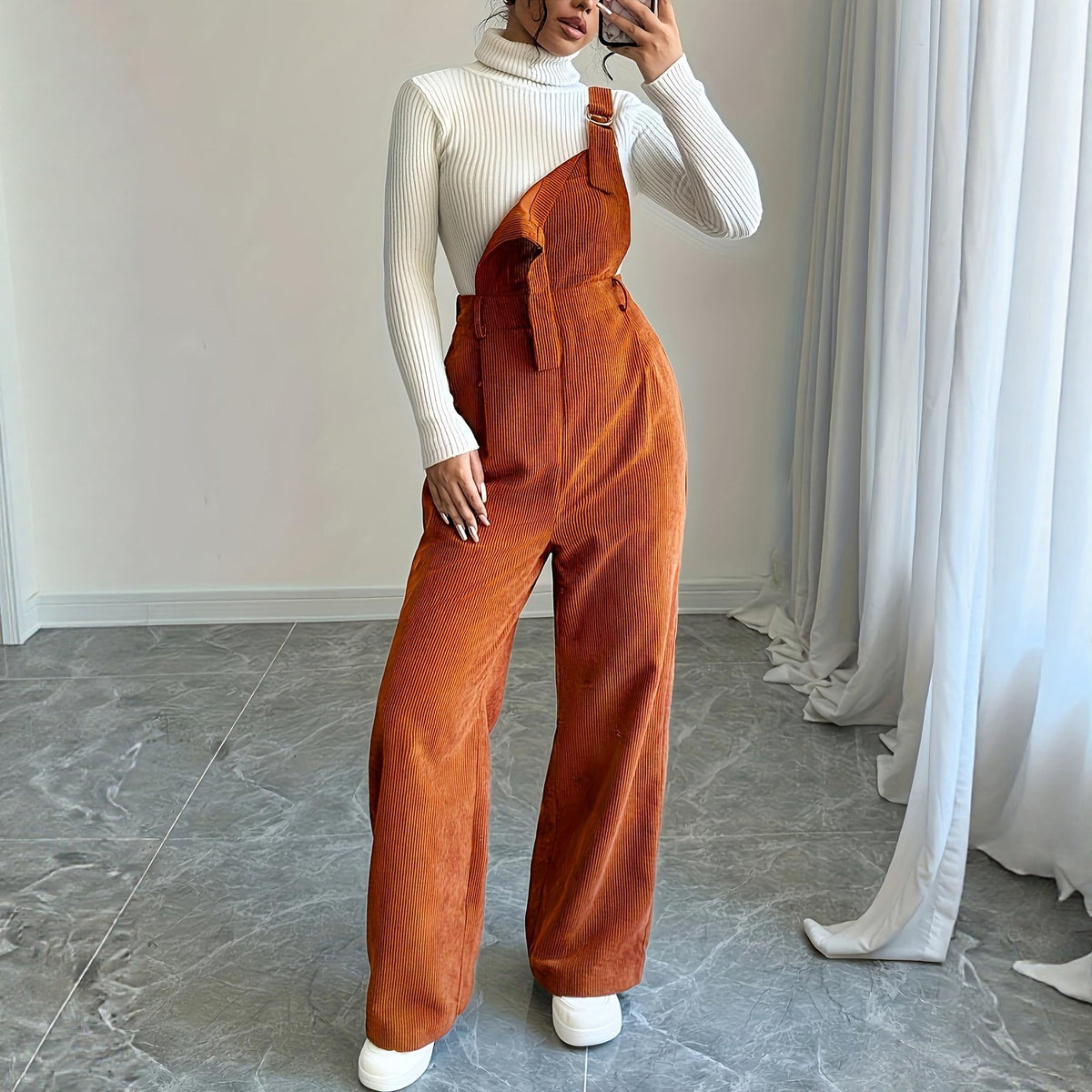 Corduroy Straight-Leg Bib Pants