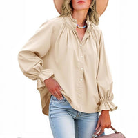 Lantern-sleeve V-neck Ruffled Blouse Top