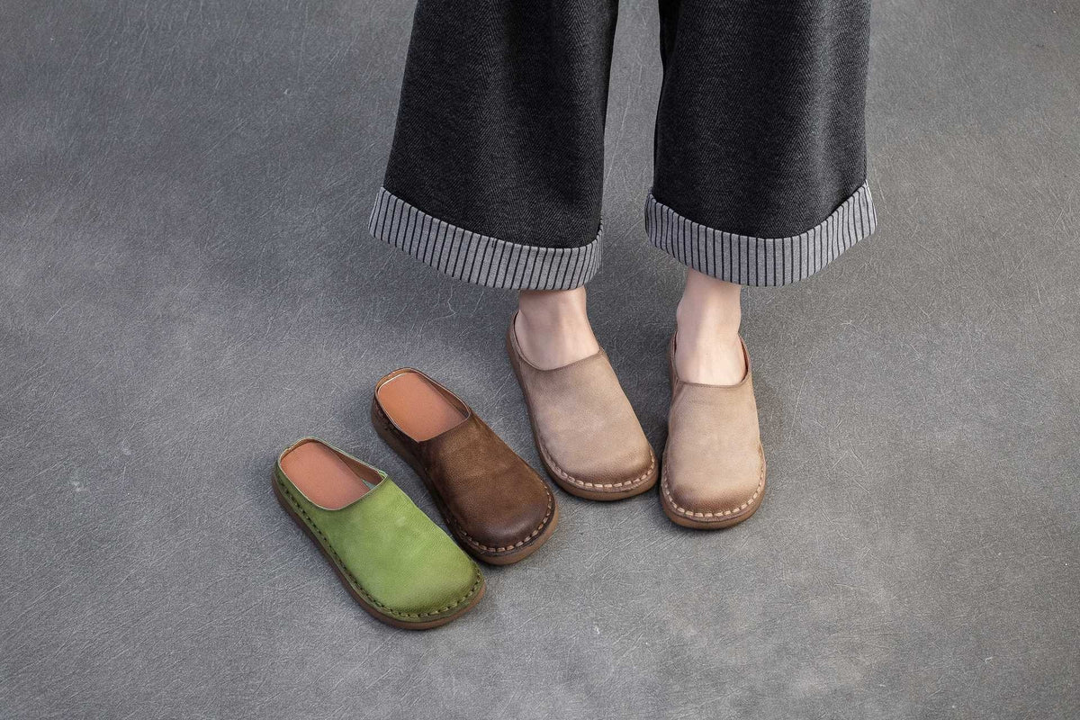 Genuine Leather Retro Wrap-around Lazy Slippers