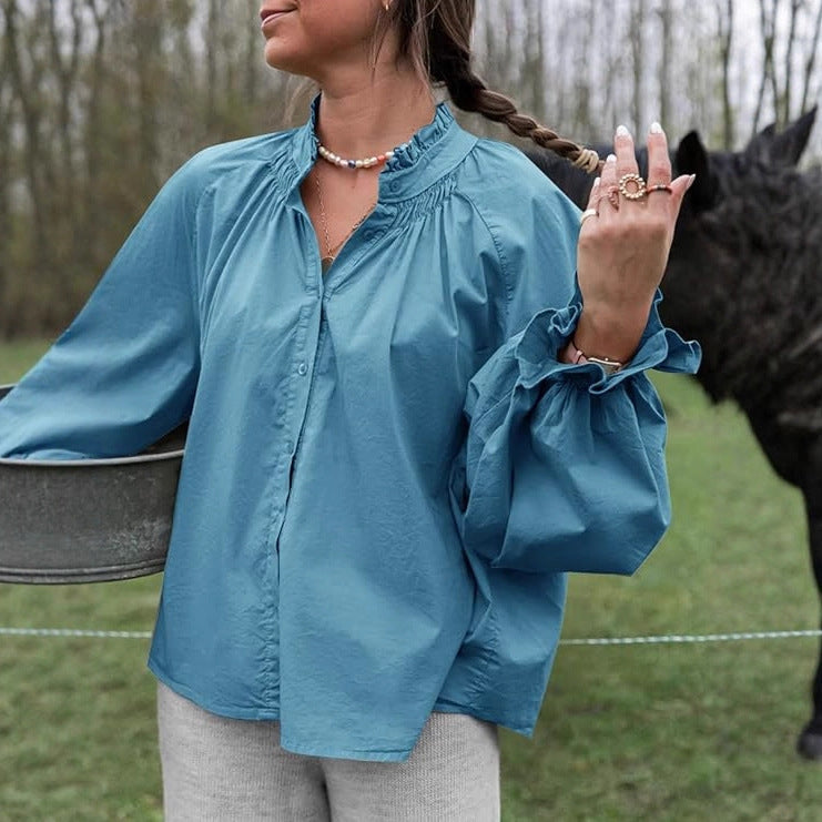 Lantern-sleeve V-neck Ruffled Blouse Top