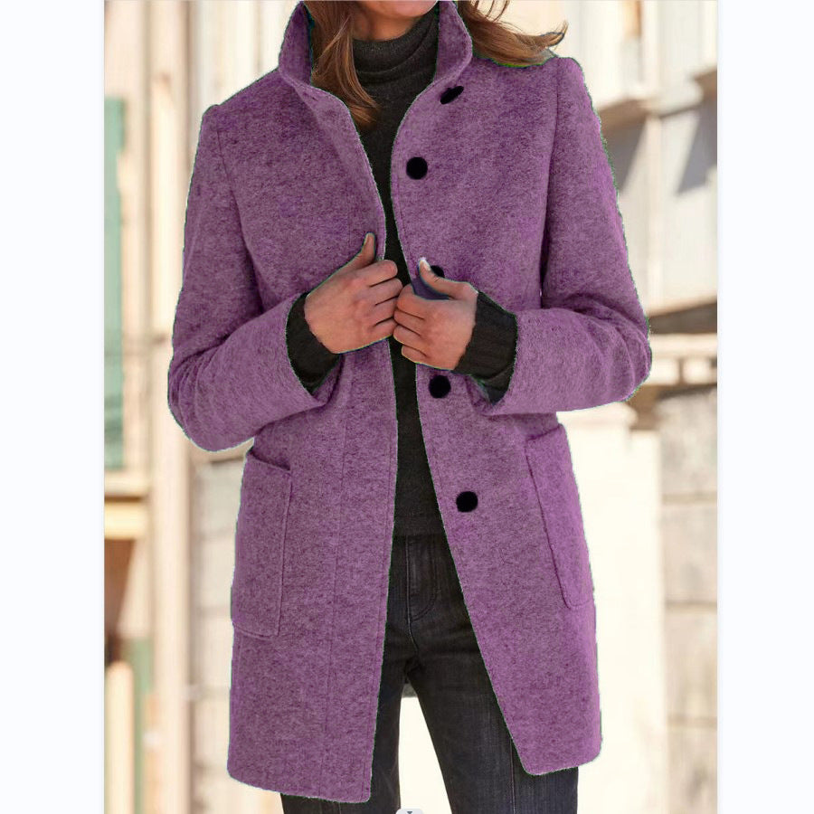 Stand Collar Woolen Coat - Casual Button Outwear