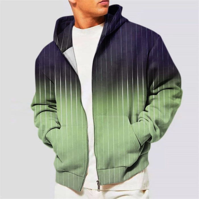 Zippered Hooded Sweatshirt with Striped & Gradient Print