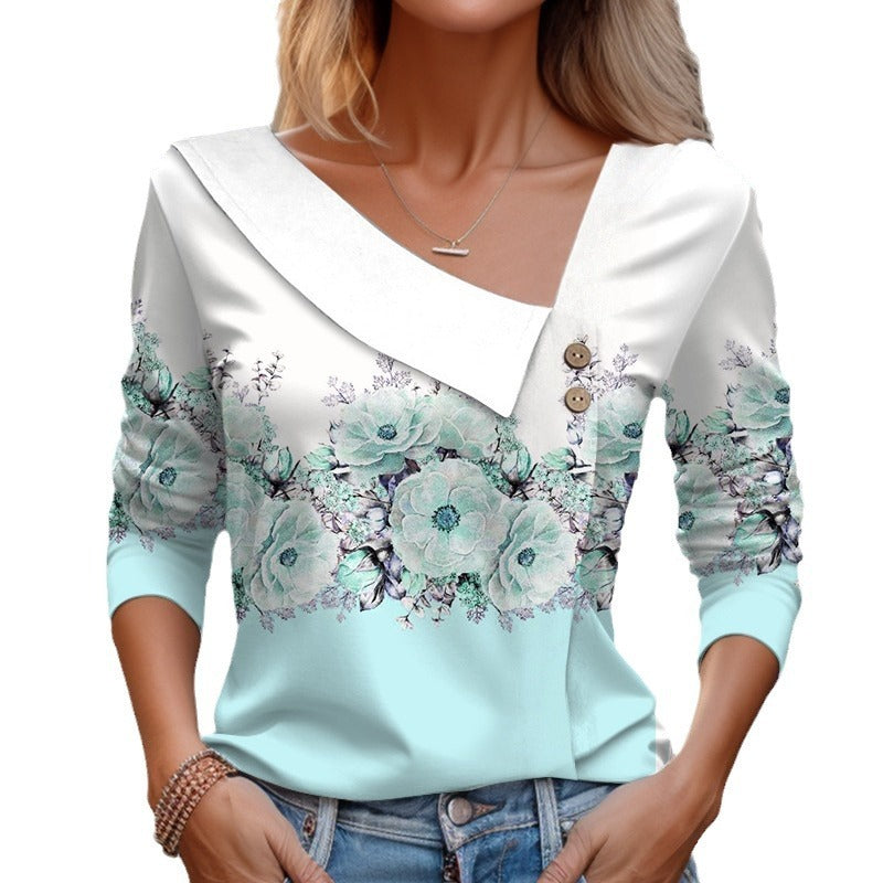 Diagonal Collar Flower Printed T-shirt