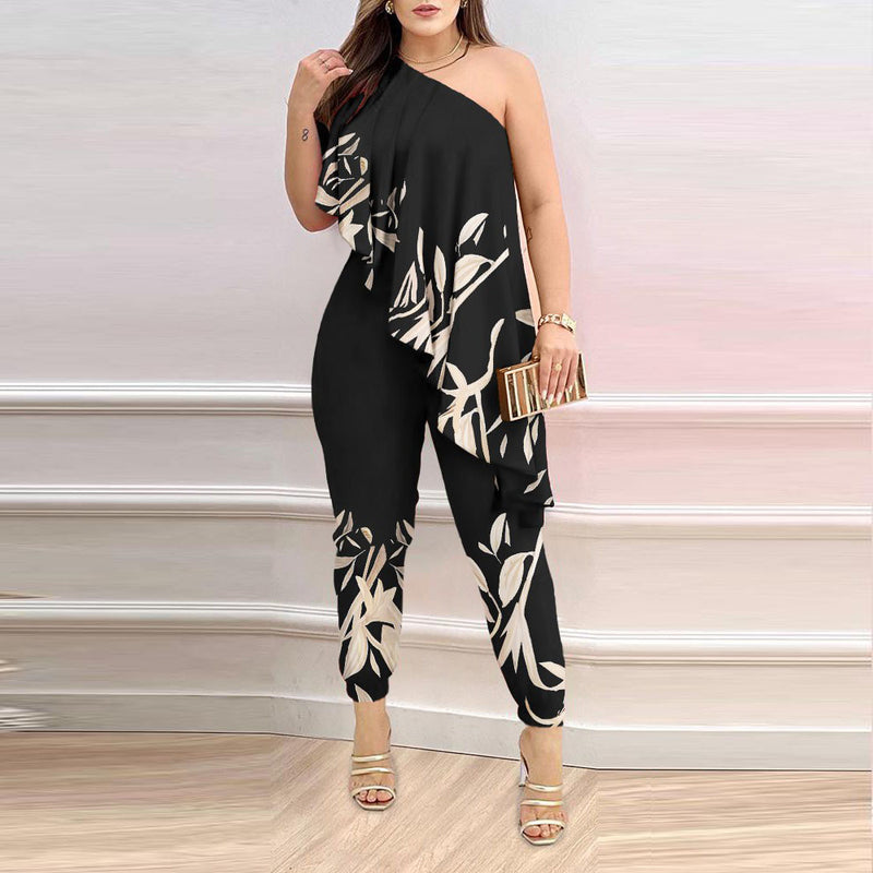 Printed One-shoulder Ruffled Jumpsuit