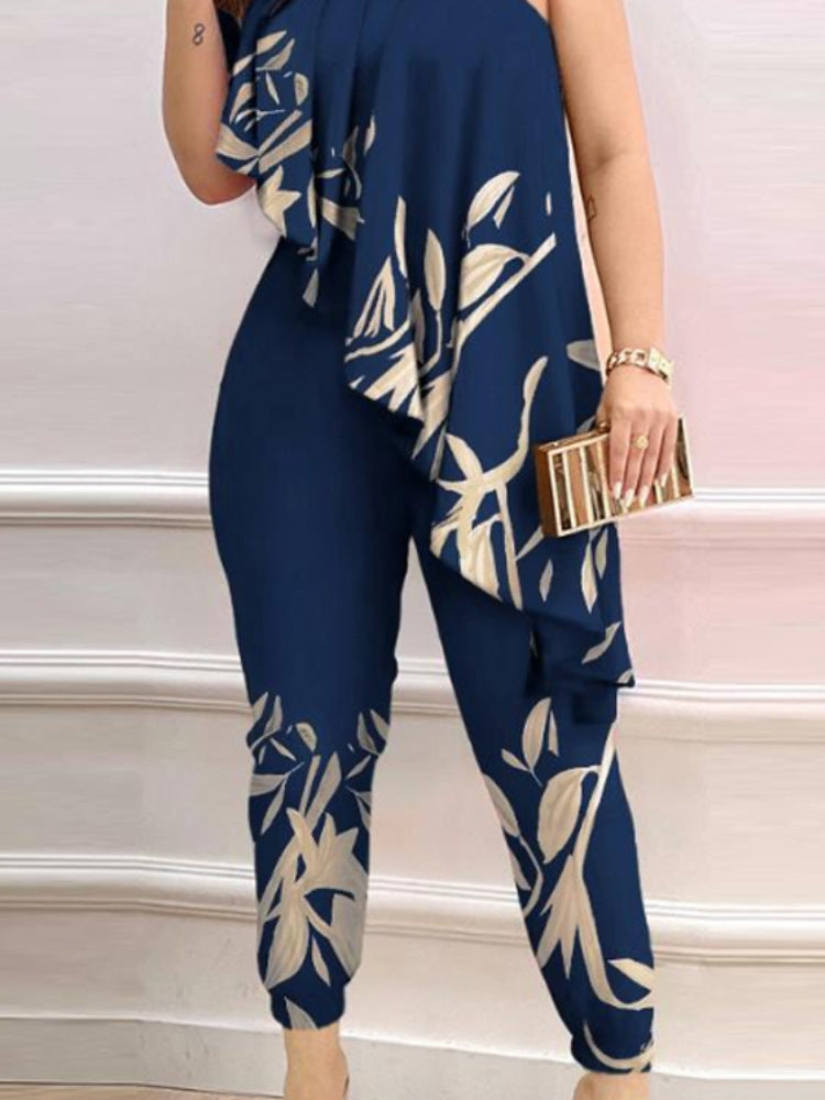 Printed One-shoulder Ruffled Jumpsuit