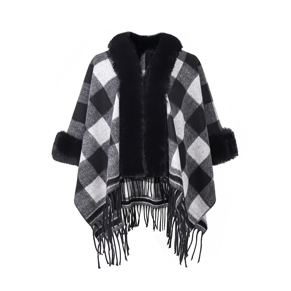 European And American Autumn And Winter New Fur Collar Black And White Plaid Tassel Shawl