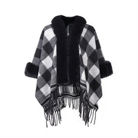 European And American Autumn And Winter New Fur Collar Black And White Plaid Tassel Shawl