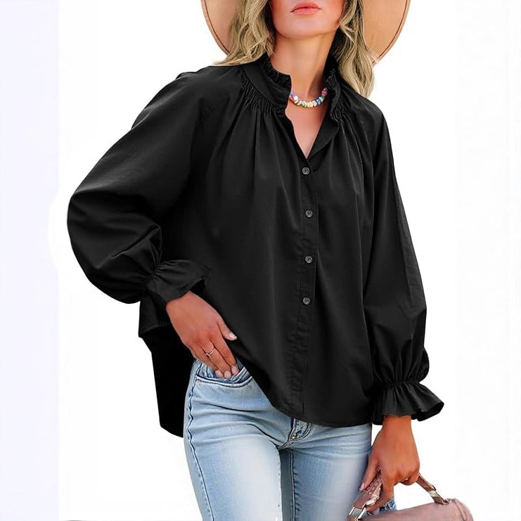 Lantern-sleeve V-neck Ruffled Blouse Top