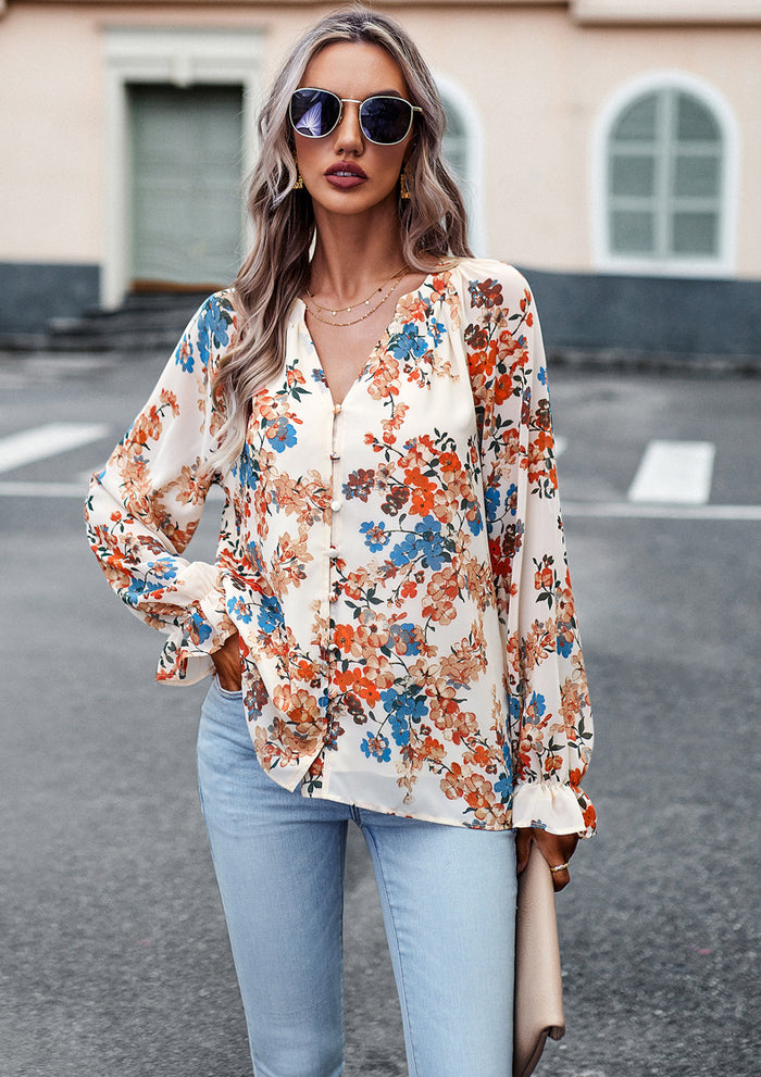 Floral Print V Neck Long Sleeve Shirts
