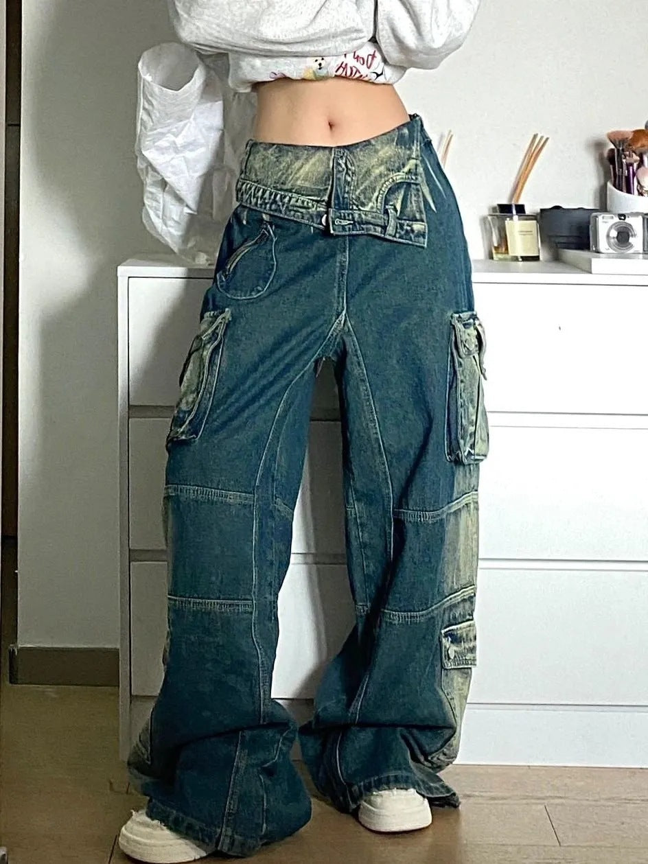 Plus Size Retro Washed Cargo denim
