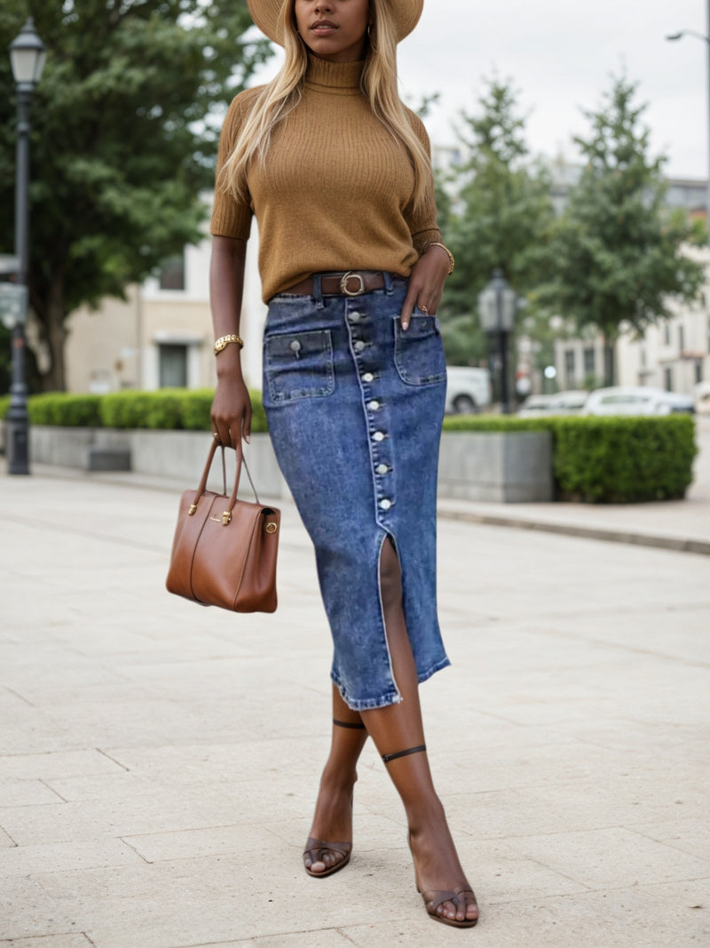 Elastic Casual Split Denim Skirt