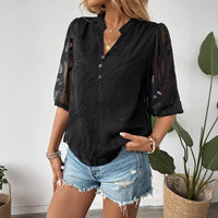 Solid-color Jacquard Pullover Shirt With A Lace-panel Stand-up Collar