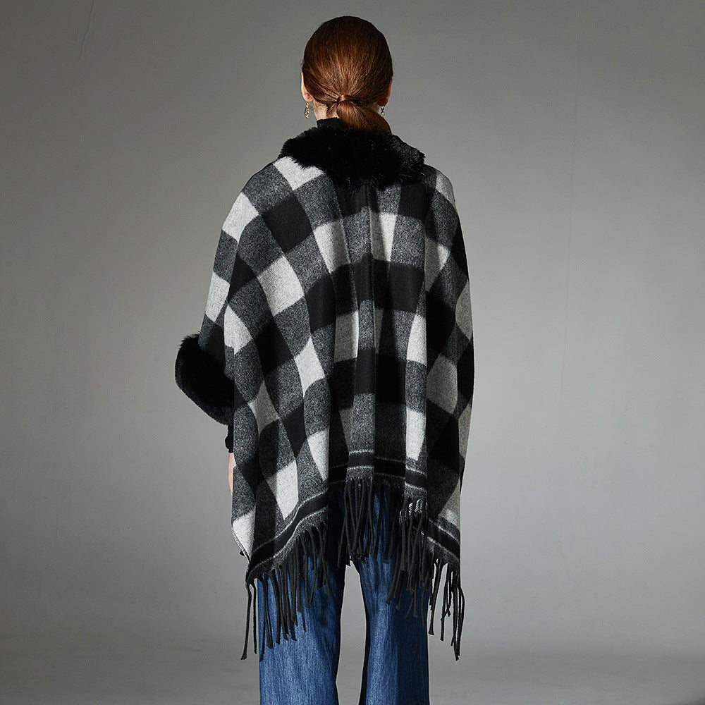 European And American Autumn And Winter New Fur Collar Black And White Plaid Tassel Shawl