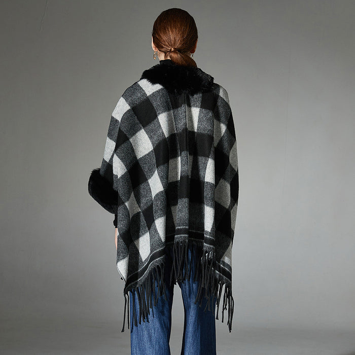 European And American Autumn And Winter New Fur Collar Black And White Plaid Tassel Shawl