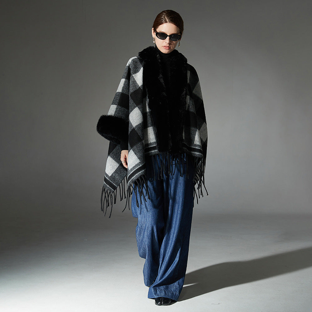 European And American Autumn And Winter New Fur Collar Black And White Plaid Tassel Shawl
