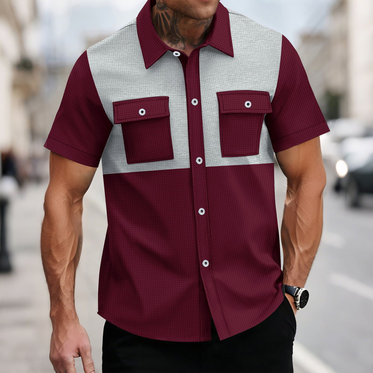 Waffle-Weave Lapel Casual Short-Sleeve