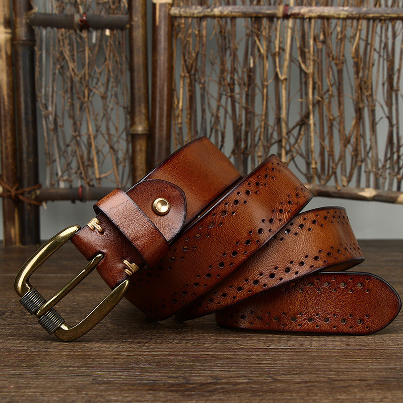 Hollowed-out First-layer Cowhide Pin-buckle Belt