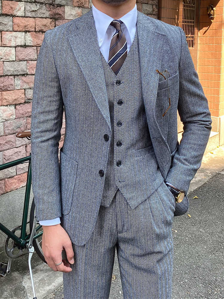 Autumn Winter Retro Herringbone Slim Fit Suits