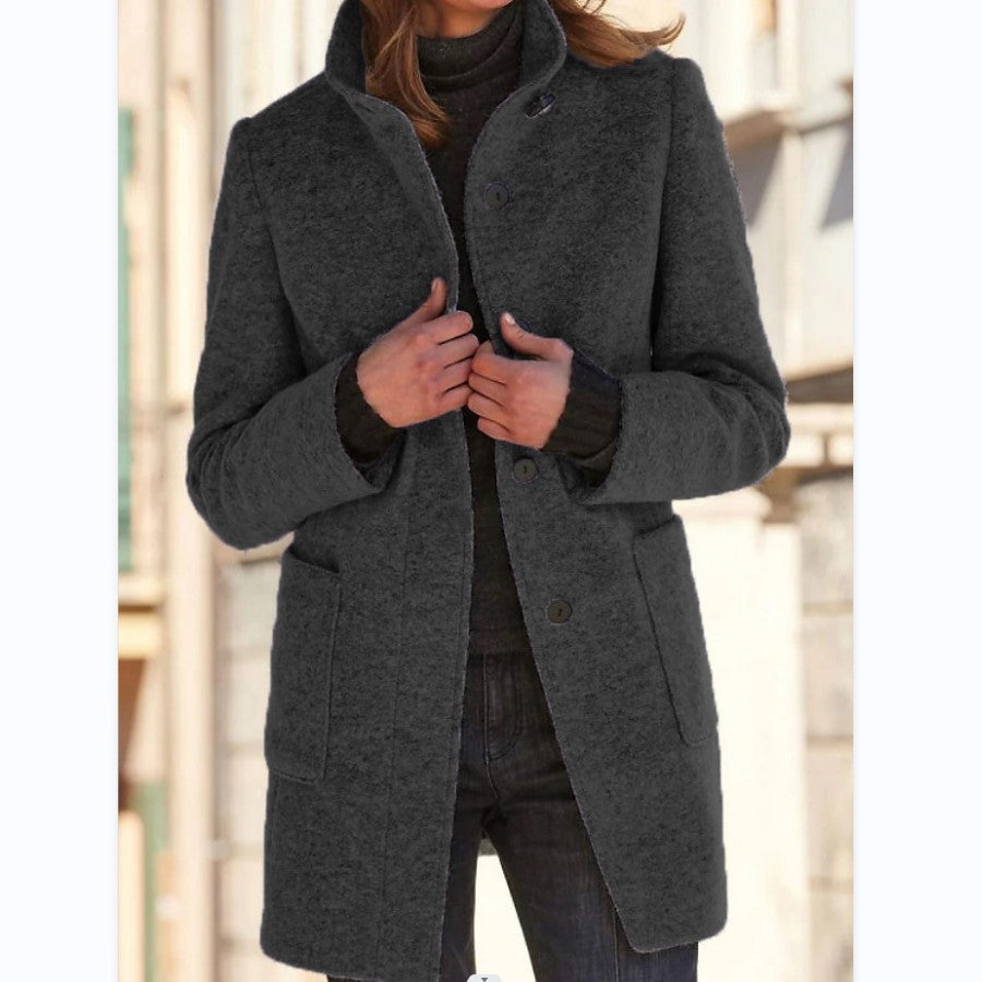 Stand Collar Woolen Coat - Casual Button Outwear