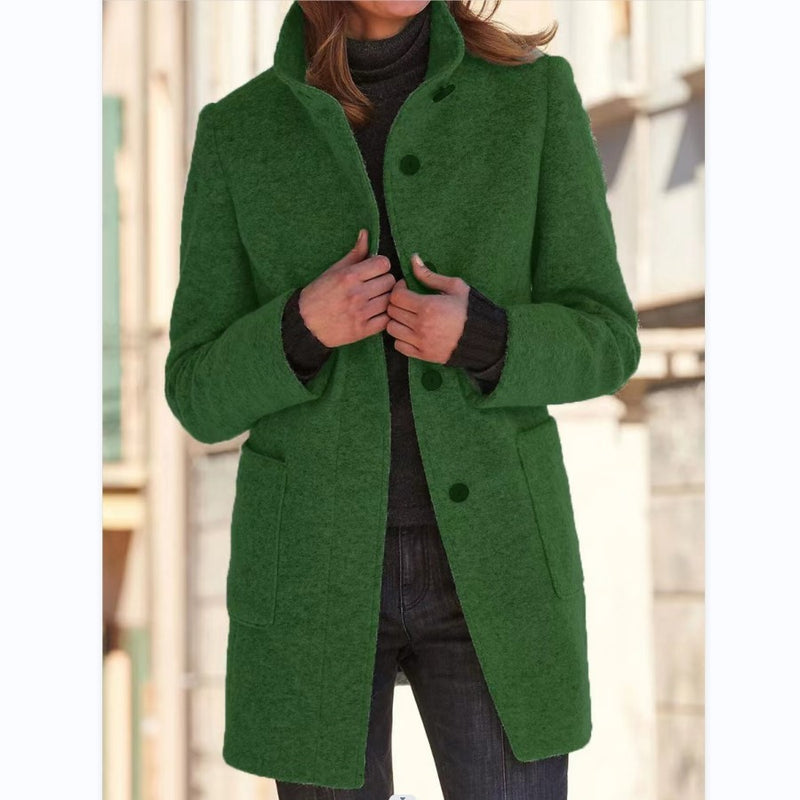 Stand Collar Woolen Coat - Casual Button Outwear