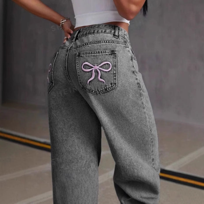 Vintage Bow Embroidered Washed Jeans