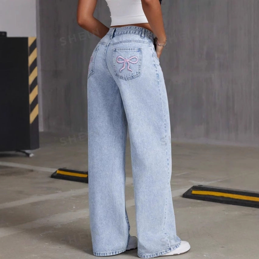 Vintage Bow Embroidered Washed Jeans